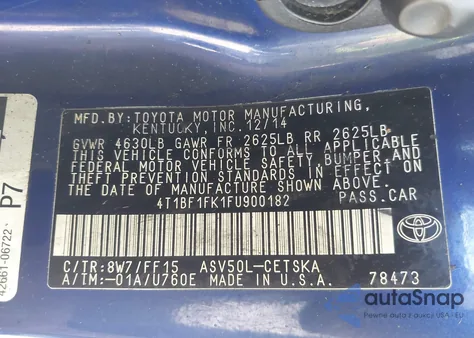 2015 Toyota Camry Se from USA, damaged, VIN 4T1BF1FK1FU900182